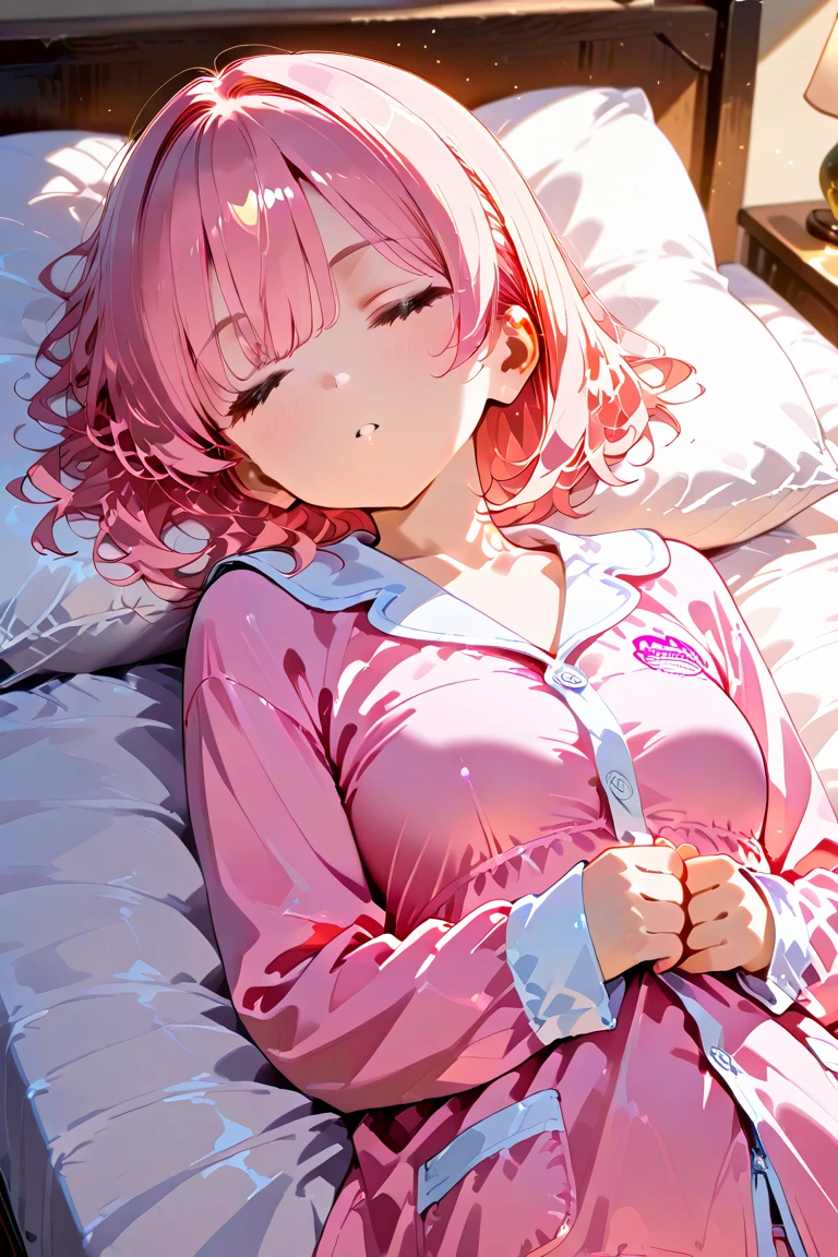 absurderes, hight resolution, (Anime style:1.1),
((masutepiece)), ((Best Quality)), ((Extremely detailed)), (Beautiful), 1 girl child、Beautiful face, shiny very short light pink hair,Slender girl, (small tits:1.4)、(Leaning on the pink sofa in the living room and sleeping with your eyes closed:1.5)、(Happy sleeping face:1.4)、(Cute pink summer pajamas:1.6)、(deep in the night:1.5)、(breasts open:1.4)、(Sleep with your mouth open:1.4)、(Hands down)、(Angle from the front)