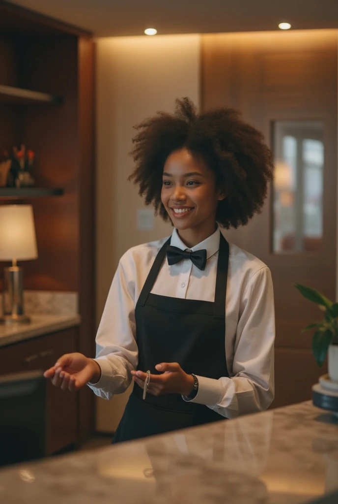 (medium full shot) of (gorgeous young woman:1.1) waitress, black american with fringe hair, dark eyes, dark skin, curvy, wearing Vintage-inspired uniform with a lavender dress, white apron, knee-high stockings, black heels, elegant hair comb, holding a pen and order pad, smiling at the viewer, making an ok sign with her hand, .set in Speakeasy Bar, Hidden room accessed through a secret entrance, vintage decor including leather banquettes, exposed brick walls, a mahogany bar with brass accents, a gramophone playing old-timey tunes, a mysterious atmosphere , ,Masterpiece,best quality, photorealistic, amazing quality, very aesthetic, extremely detailed face,