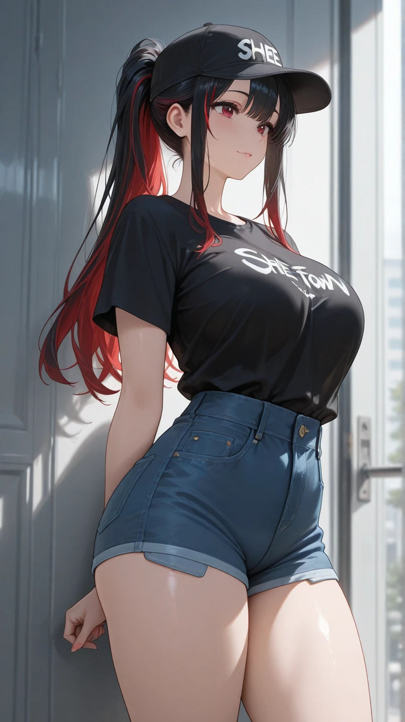 1girl, red hair, ((very big breasts)), wide hips, shirt and pants