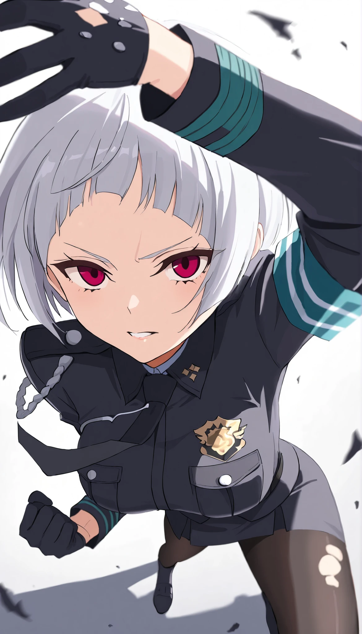 ((masterpiece)), (best quality), 1girl, solo, simple background, temptation, delicate face, Battle Pose , Thomas slalom kick, full body, silver short hair, long sideburn, Disdainful Eyes, Black Stockings, Damaged black police uniform, medium breasts, style: midjourney, white background, two-point perspective , Impact footage,motion blur,depth of field, closeup