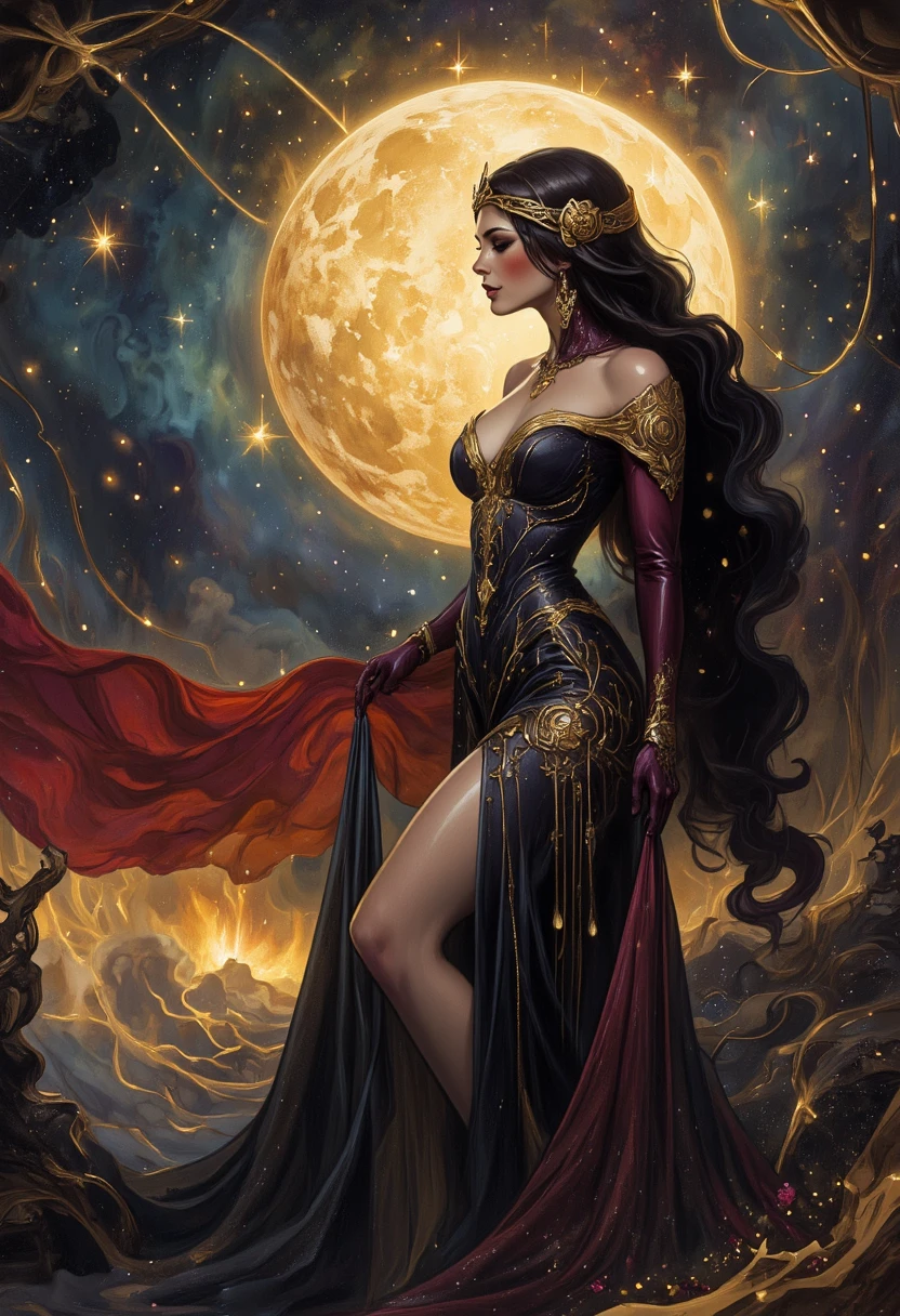 Rennala,short black hair,blue eyes, sad expression, large breasts, rear view, large ass, low angle, solo,
ReDres, jewelry, long crown,wide sleeves,
tall woman,
empty lake, moon close-up, nighttime ,stars,
(insanely detailed, beautiful detailed face, masterpiece, detailed eyes, best quality) <lora:Rennala-10:0.7> realistic,