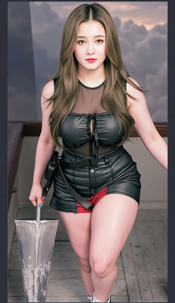 Beautiful Chinese 17 year old female, bob hair with silver streaks, large breasts, red t shirt, black short skater skirt, leather boots, punk girl, masterpiece, photorealistic, smiling, huge breasts, wide hips