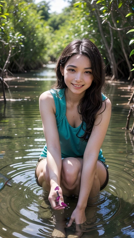 neelofa wearing pastel green hijab squatting in the mud at the river, squat, small tits, small breast, flat chest, wide waist, thick thighs, bright lighting, portrait photography, detail skin texture, mole below eyes, small breast, flat chest, wide waist, thick thighs, big thigh, big tight, slim abs, beautiful body, tall, nighttime, laughing, happy, bright lighting, wet body, too many mud in body, smudge mud in body, wet face, wear sneakers,