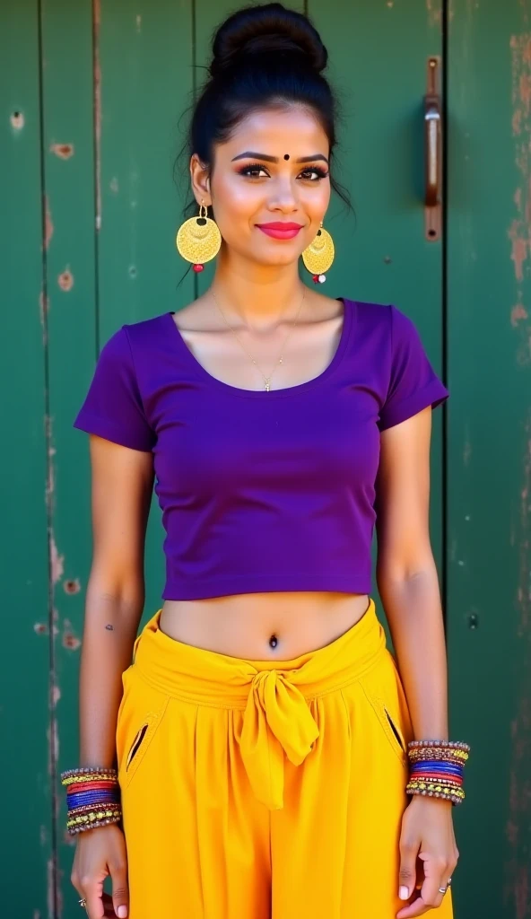Black girl with medium orange short sleeve knitted cropped blouse