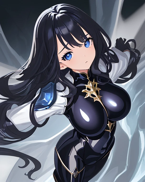 She has a mature, defined face with a firm jawline and high cheekbones, intense green eyes, and long black hair with loose strands framing her face. Her skin is tanned and glowing. She has a curvier and more athletic physique, with well-defined muscles and an imposing yet graceful presence. Elara is wearing an elaborate armor made from the spoils of Nargoth. The armor is dark metal with glowing runes and features blue, ice-like adornments. It includes stylized shoulder pads, a robust chestplate with dragon emblems, and a flowing cape, reflecting strength and elegance.