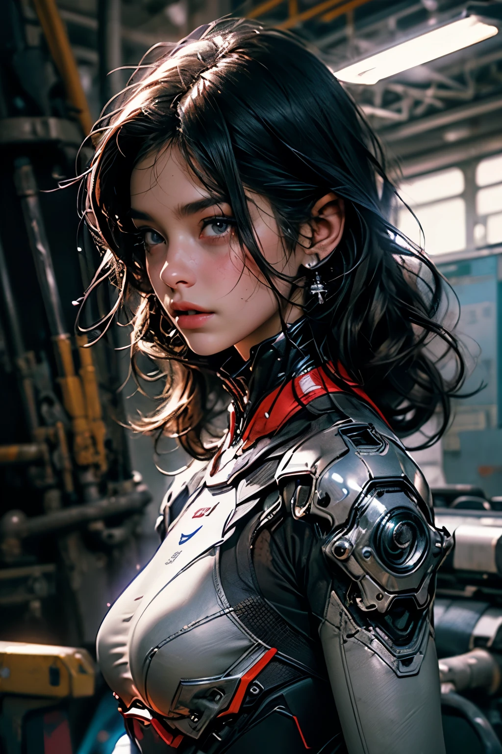 Masterpiece, art, young beautiful woman, flawless skin, smooth skin, very large firm breasts, perfect proportions, space cadet, in destroyed space station, hardly any light, fog, sparks, dark, gloomy, bikini outfit, in the future, anime, sexy, erotic, UHD resolution, realistic detail, realistic reflections, realistic shadows, 3D,