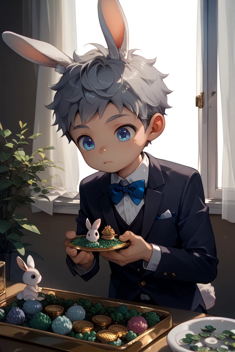 illutst、Cute Boy、Silver-haired blue-eyed rabbit ears、diadem、Fantasia、独奏、Rabbit ears、Rabbit ears、Decoration cake、Whole cakes、Fresh cream、Refreshing breeze、Lazy afternoon、Elegant tea ceremony、Eating cake、um homem、twinks、Solo、Knives and forks