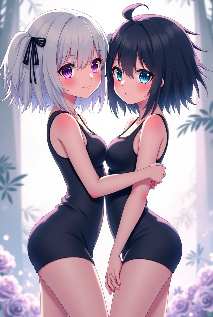 {{2girls}},back to back,masterpiece,best quality,very aesthetic,absurdres,cowboy shot,light color,dark color,light hair,dark hair,White hair,light blue hair,light blue eyes,Lovely,translucent hair,dark purple eyes,headless,(black hair,one eyes),asymmetry,Wide open back,Wide open back,Bare shoulders, huge ass,see-through,butt_crack,bend