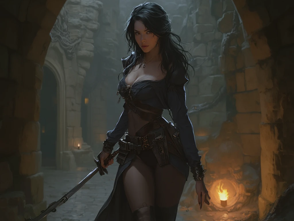(((Single character image.))) (((1girl))) (((Dressed in medieval fantasy attire.))) This is a fantasy character portrait. (((Looks sultry and wanton.))) (((Looks like a woman who gets what she wants.))) (((Tropical area.))) (((Pirate shirt and pirate pants.))) Looks like a single character portrait of a sexy, exciting, female adventurer for a high fantasy setting. Her body measurements are 36-24-36. She looks rowdy and ready for a fight. She is exciting and dramatic, with an excellent fashion sense and very sexy and cool hair style. She wears fantasy attire, such as a corset. She is a very interesting woman in her early 20’s. Art in the style of fantasy artist greg rutkowski. Art in the style of fantasy artist artgerm. hyper detailed, gothic art ,intricate details, ultra detailed,, ultra detailed clothes, epic masterpiece, ultra detailed, intricate details, award winning, fantasy art concept masterpiece, trending on Artstation, digital art, unreal engine, 8k, ultra HD, centered image