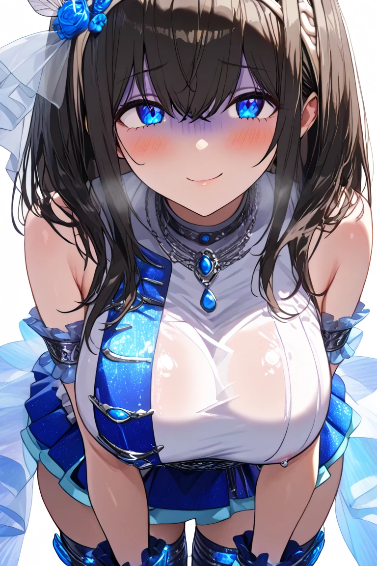 (best quality), (Very detailed), (Best Illustration Award), (beautiful girl), White的裙子,Decorated with blue patterns(Large Breasts), Brown hair, Messy hair, Awkward, The whole face turned red, blue eyes, White