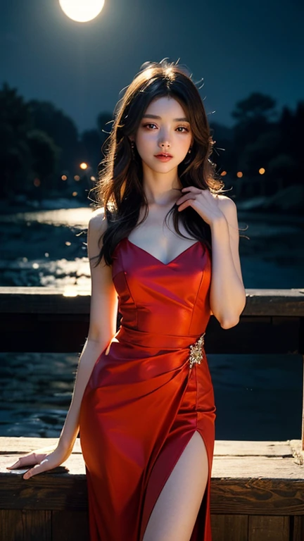 absurdres, RAW photo, extremely delicate and beautiful, masterpiece, Best Quality, ultra high resolution, 32k, hyperrealistic, ultra-detailed, perfect anatomy, perfect figure, Perfect skin, super Detailed skin, muted coral blush, Closed mouth, 20 years old, very Slim body, narrow waist, very small head, very small face, delicate facial features, tearful mole, earring, thin legs, bare legs, (((very huge round breasts))), short medium hair, brown braid hair, ((wavy hair)), (1girl:1.6), (Anatomically correct), (Plump nipples), day light, ((city street)), ((Silk hot red dress:1.3)), ((tightly dress)), ((laced dress)),