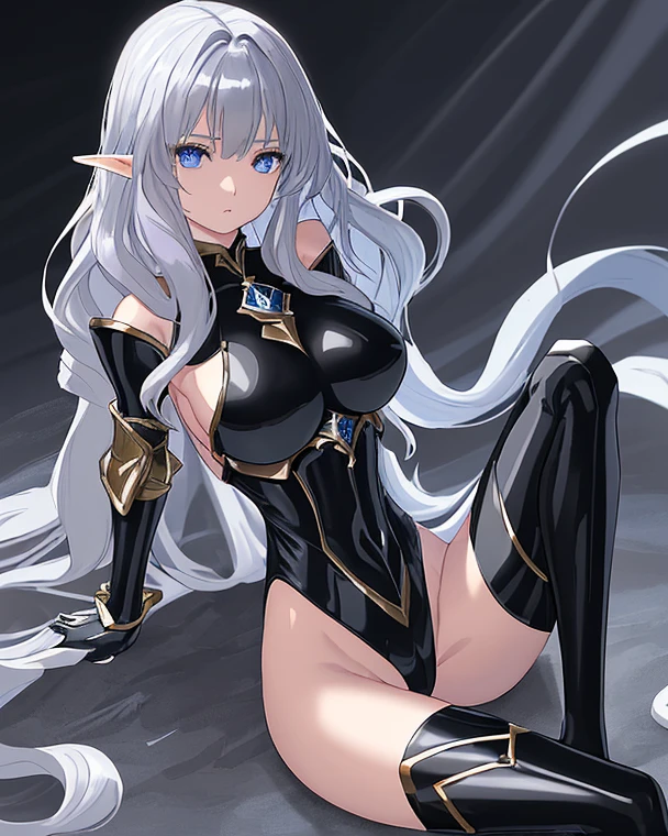 Woman knight、a beauty girl、huge tit、Excellent style、Nice Buddy、glamorous、leotard、s Armor、Bra chest armor、knee boots、gauntlets、hair adornments、silber hair、Longhaire、Ahoge、、is standing、full body seen 、Medieval city、Sitting on a chair、legs crossed、Eyes closed、Mouth open、a smile