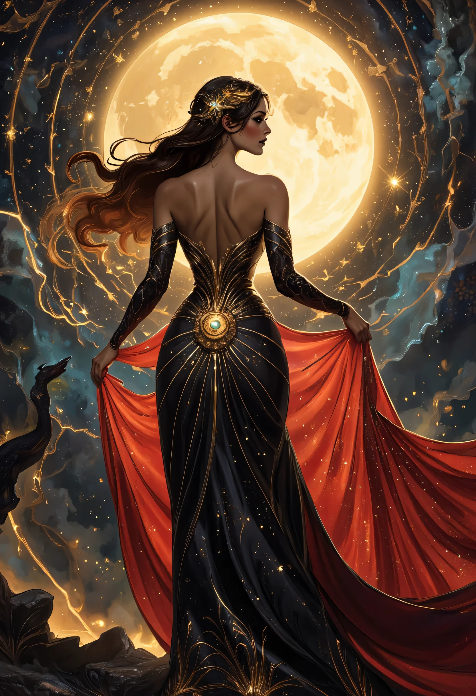 a picture of an epic beautiful woman, divine beauty, wearing transluminescent dress, black silk dress, intricate dress, transluminescent dress, transparent dress, red sleeves, epic beautiful woman, divine beauty, serene beauty, lush hair, long hair, stars entwined in the woman's hair, light caress the woman, moon light caress the dress, fantasy art, night time, the moon rises, creating award winning, photorealism, depth of field, hyper realistic, zavy-ctcmcs, Celestial Fantasy, ArsMJStyle, Art Deco