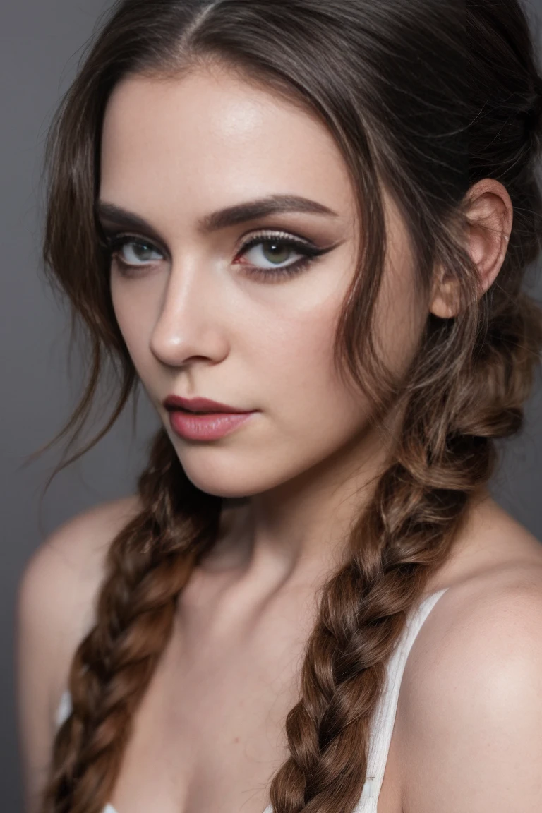 Girls with long ones, welligen braunen Haaren ((nackt), mit Pferdeschwanz und kleinen braunen Augen, Deckel, Vogue-Stil, beautiful detailed and dark makeup, Ultrarealistische Fotografie, Detaillierte Haare und Haut