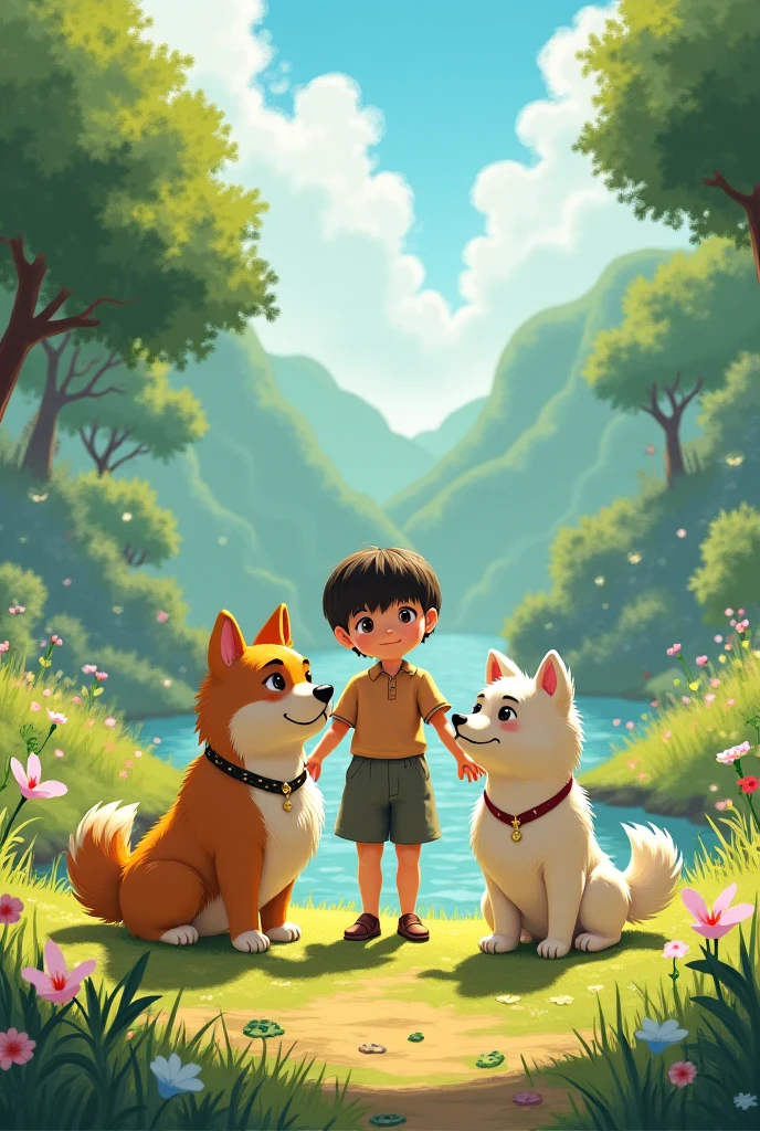   A boy with brown hair blue eyes with 2 dogs one is German shepherd and white shemoyed with sparkling blue eyes watching sun set in deep forest flayful in forest sitting in waterfall
Image size 1280px 720