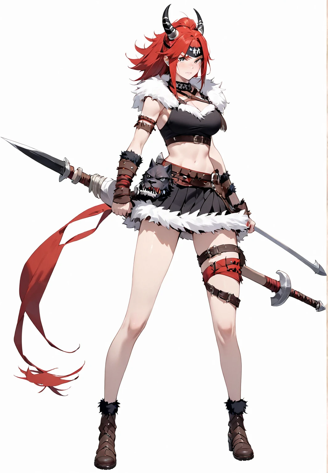 Red-haired girl, green eyes, pigtails, a wreath of horns on her head, a techno barbarian, a huge techno cannon in her hands, a huntress, bones on her body, insect plates, chitin, fur, small bones, light bones and red fur on her shoulders, dark leather stockings made of strips of cut leather on her legs, ropes and light bones on her body, thin panties, a small bra made of bones, bright red hair, Decorations made of horns, fur - a cannon.