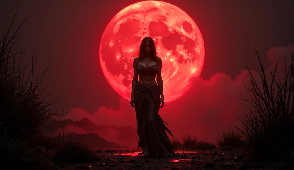 A red necromancer, blood moon, ray tracing, masterpiece, best quality, ultra quality, absurd details, best light, best shadow, sharp, sharp image, detailed, extremely detailed, great resolution, 8k, 4k, uhd, particle effects, beautiful effects, vivid colors, neon light, neon, light, barely naked, long red dress, nipples out