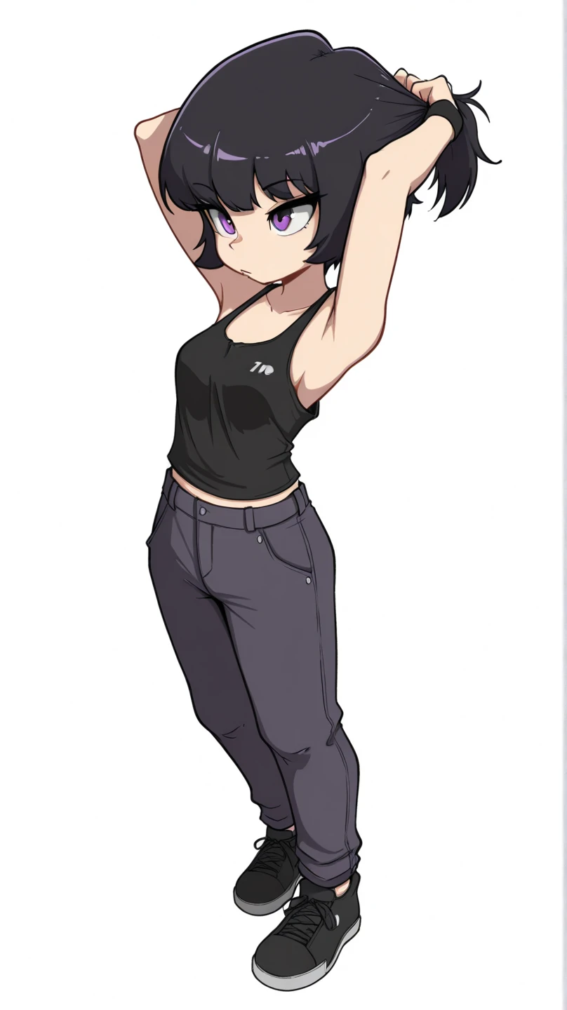 masterpiece, Best quality, 1 Girl, purple hair, long hair, eye patch, Purple eyes, in a crop top and bike shorts