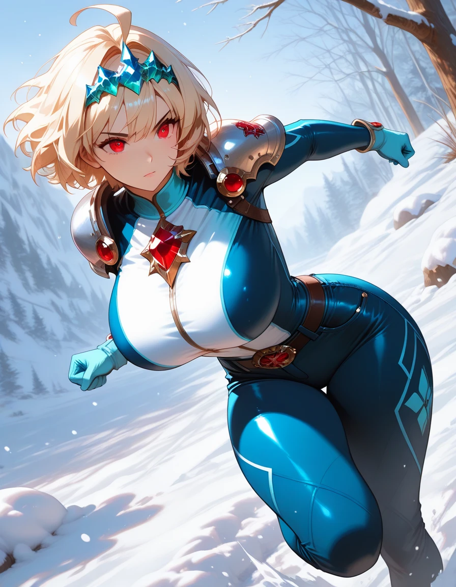 ,girl,beautiful face, muscular female, alternate muscle size,blonde hair,blue hanfu,muscular thighs,winter,muscular ,biceps,fur,white elbow gloves,silver armor,sword,covered abs