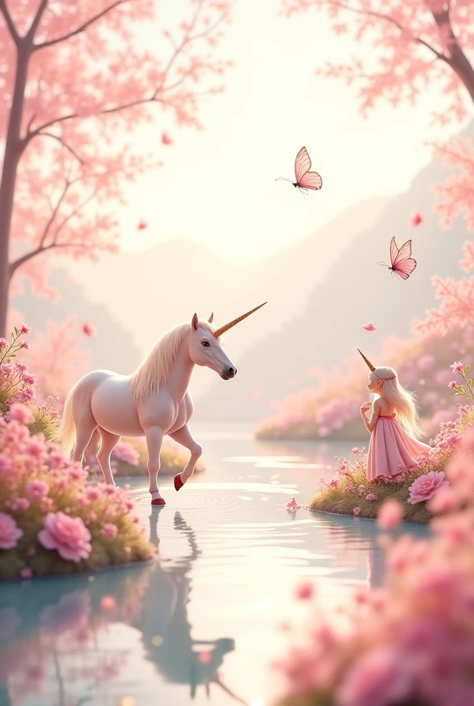 (Ultra-high precision CG，Flawless work，)O retrato mais expressivo apareceu！A unicorn meets for the first time a beautiful princess in a magical garden surrounded by flowers, aa prrincesa  sobre o  unicornio voando aao ceus enncantador