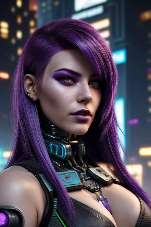 pretty female portrait, cyberpunk,  purple hair, (freckles:0.8), (lips parted), realistic green eyes, POV, realistic[:, (film grain, 25mm, f/1.2, dof, bokeh, beautiful symmetrical face, perfect sparkling eyes, well defined pupils, high contrast eyes, purple irisis eye, ultra detailed skin, skin pores, vellus hair, fabric stitching, fabric texture, finely detailed features:1):0.9]