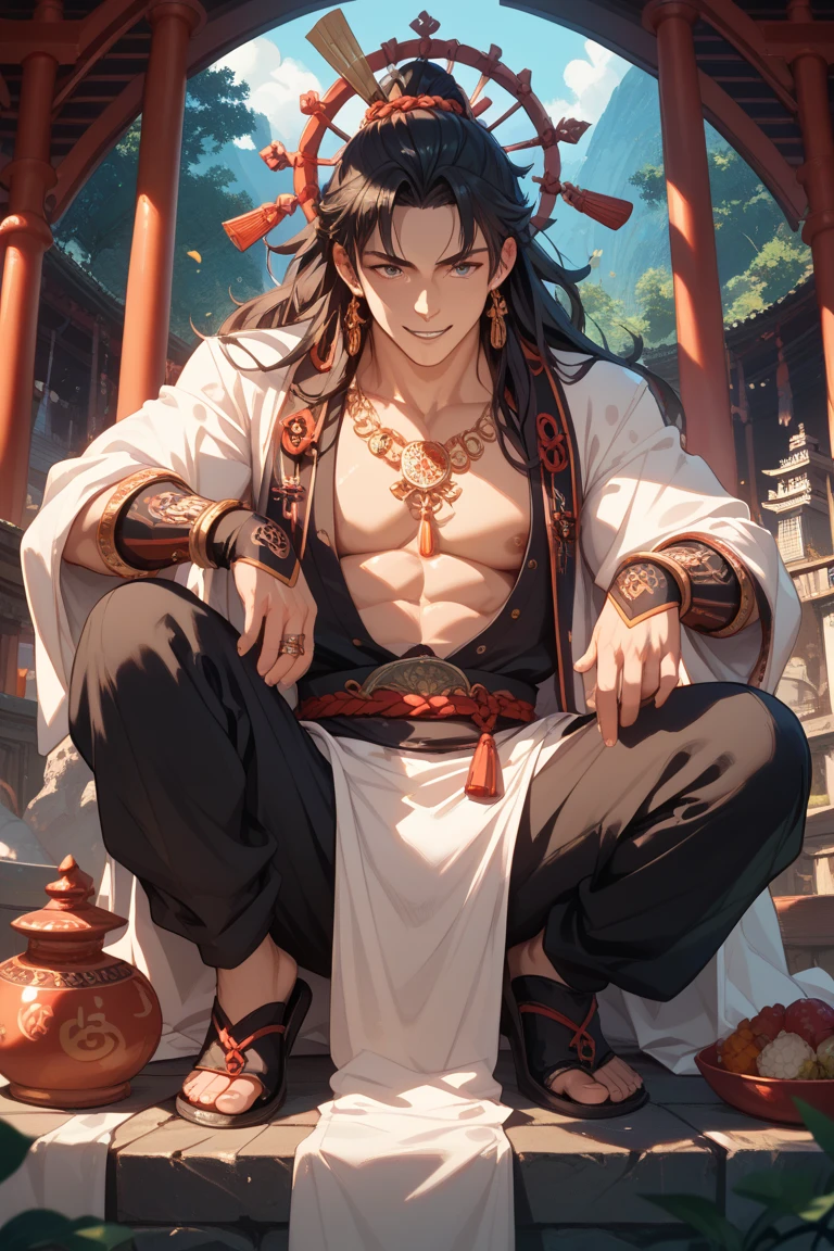 best quality, 4K, solo, (anime: 1.2), (big : 1), (male: 1.5), (juvenlie: 1.5), (age down: 1.5), a Chinese dragon horn on the head, earrings on the ears, bracelets on the wrists, (metal ankle rings on the ankles: 0.8), ancient Chinese style, (upper body: 0.3), (bare shoulder: 0.8), long hair, (fair skin:1.5),