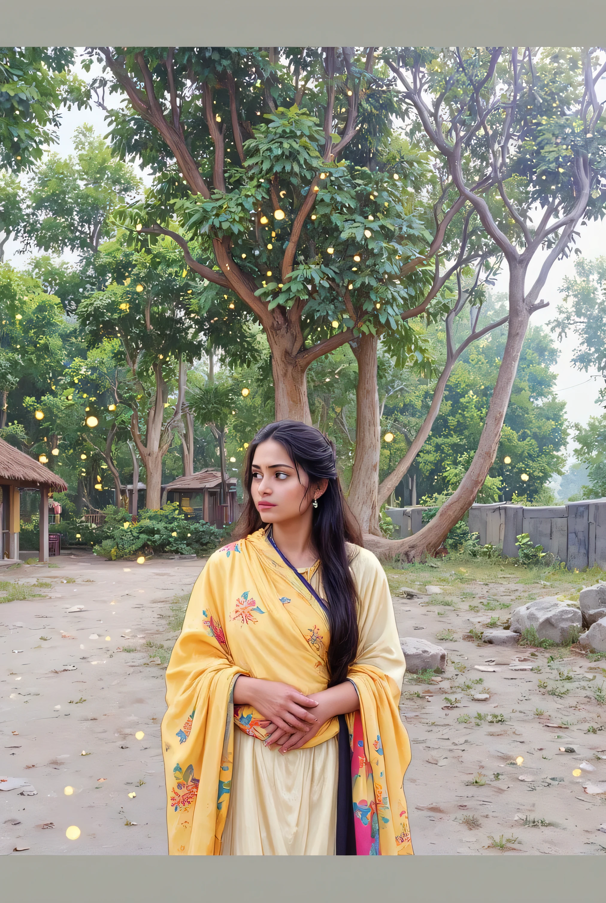 A young South Asian woman in a flowing yellow saree stands in a sun-dappled forest clearing. The trees around her sway gently in a magical breeze, glowing with soft golden light. Fireflies float around her as her saree flutters in the wind. The scene is peaceful, dreamy, and painted in Studio Ghibli animation style — soft lighting, pastel tones, delicate details, and a sense of calm wonder.