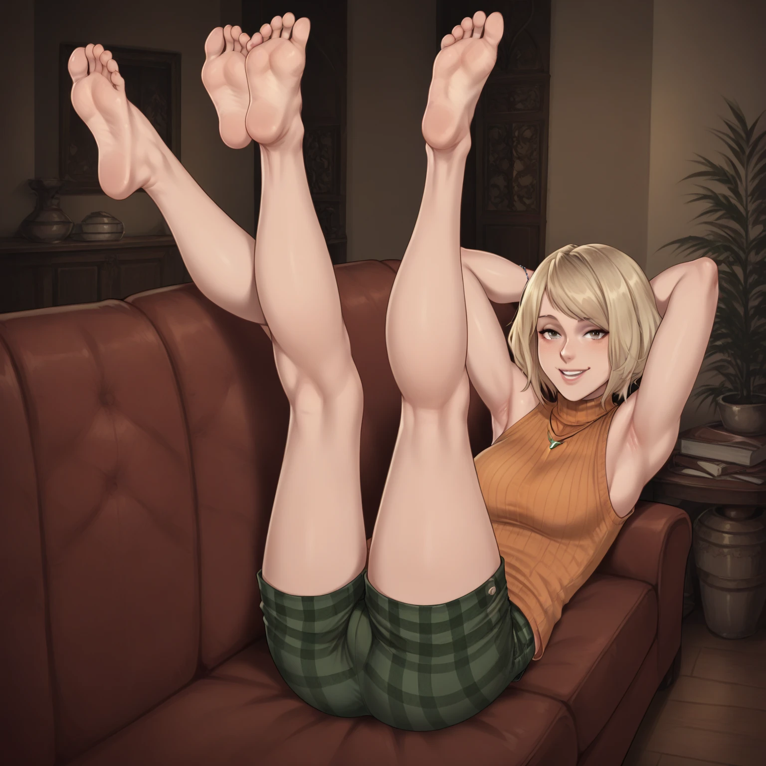 ((( masterpiece ))) Background : ( horror theme, dark creepy room, messy and dirty rundown poor apartment, best quality, highly detailed ). Character ; ( 1girl, perverted smile, teasing tongue out, one eye closed, Sitting on a messy filthy couch,, hands covering breast, naked, Mimi, filthy sweats and cums all over wet body, light brown hair, sweat looking at viewer) nsfw, ,