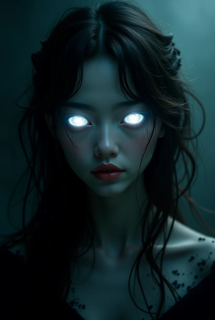 Depressed girl、Long black hair、Small Nose、Skinny body、Glowing white eyes、Thin lips、Dirty white dress、Upper Body、Close-up、Real、Aerial1Stationary in meters、Thick Fog、Nuclear power plant at night、Black rain