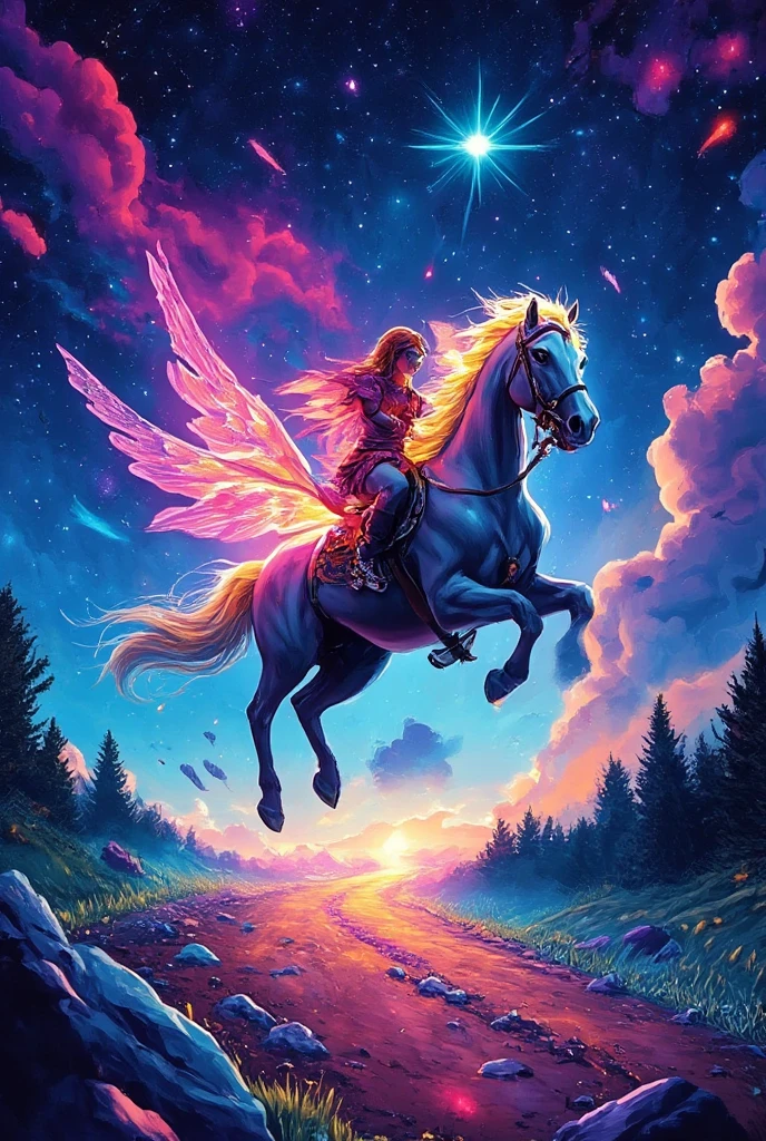 Drawing of a unicorn with a long mane and colorful tail, flying mythical beasts, mythical whimsical creatures, Authors：Caroline Chariot Soybean, a mythical creature, a mythical creature, Unicorn flying in the sky, wings of fire, a mythical creature, inspired by Tawaraya Sōtatsu, unicorn, jen bartel, artwork of a phoenix, pegasus, unicorn　16k