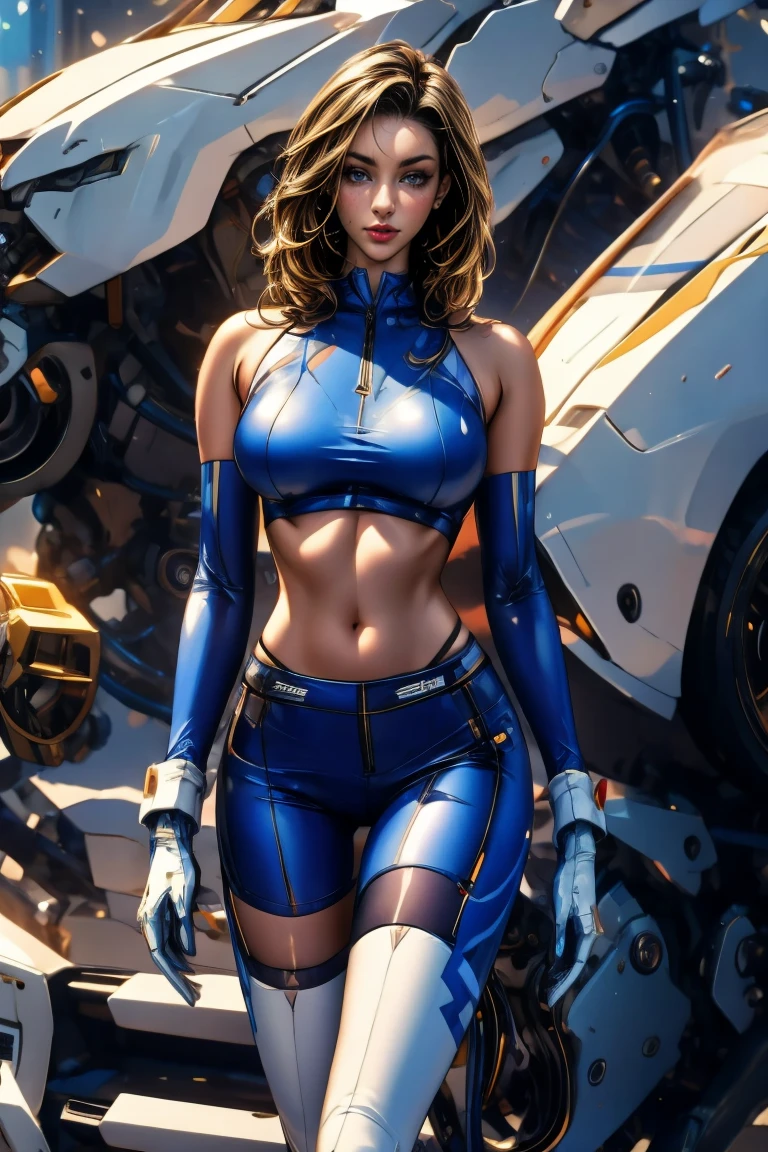 Masterpiece in maximum resolution of 16K, mecha style emphasizing a dynamic 3D perspective. | A 20-year-old woman, full body, wears a blue wick costume, adorned with purple details and neon lights. The costume, adjusted to the body, highlights her curves as she looks directly at the viewer, revealing an angelic smile. Her red and ruby hair, short with bangs in front of her right eye and braided in a ponytail, complements the image. In the scenario, an alien sci-fi vehicle, full of ultra-technological machines and structures, presents glass ducts with glitter gelatinous liquid. An iron table, surrounded by alien animals, completes the scene. | The three-dimensional composition highlights the woman's interaction with the environment, while the cinematographic lighting highlights details of the mecha costume and the futuristic scenario. | Scene of a woman in a mecha costume in a sci-fi alien vehicle, with angelic expression and smile . | {The camera is positioned very close to her, revealing her entire body as she adopts a dynamic_pose, interacting with and leaning on a structure in the scene in an exciting way} | She is adopting a ((dynamic_pose as interacts, boldly leaning on a structure, leaning back in a exciting way):1.3), ((perfect_pose)), ((perfect_pose):1.5), (((full body))), ((perfect_fingers, better_hands, perfect_hands, perfect_legs)), ((perfect_fingers, better_hands, perfect_hands, perfect_legs):0.7), ((realhands)), More Detail.
