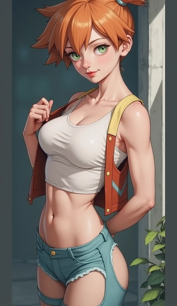 (best quality,4k,8k,highres,masterpiece:1.2),ultra-detailed),HDR,UHD,1girl, full body of beautiful misty, bare shoulders, looking at viewer, volumetric lighting, best quality, masterpiece, realistic , (gigantic breasts), 1girl, face portrait of misty, evil smile, high ponytail, bare shoulders,volumetric lighting, best quality, masterpiece, retro artstyle, ((misty)),(orange hair), (gigantic breasts), side short ponytail, ((red suspenders)), ((yellow tank top)), short blue shorts,midriff, yellow crop top, navel, short hair, denim, denim shorts cowboy shot