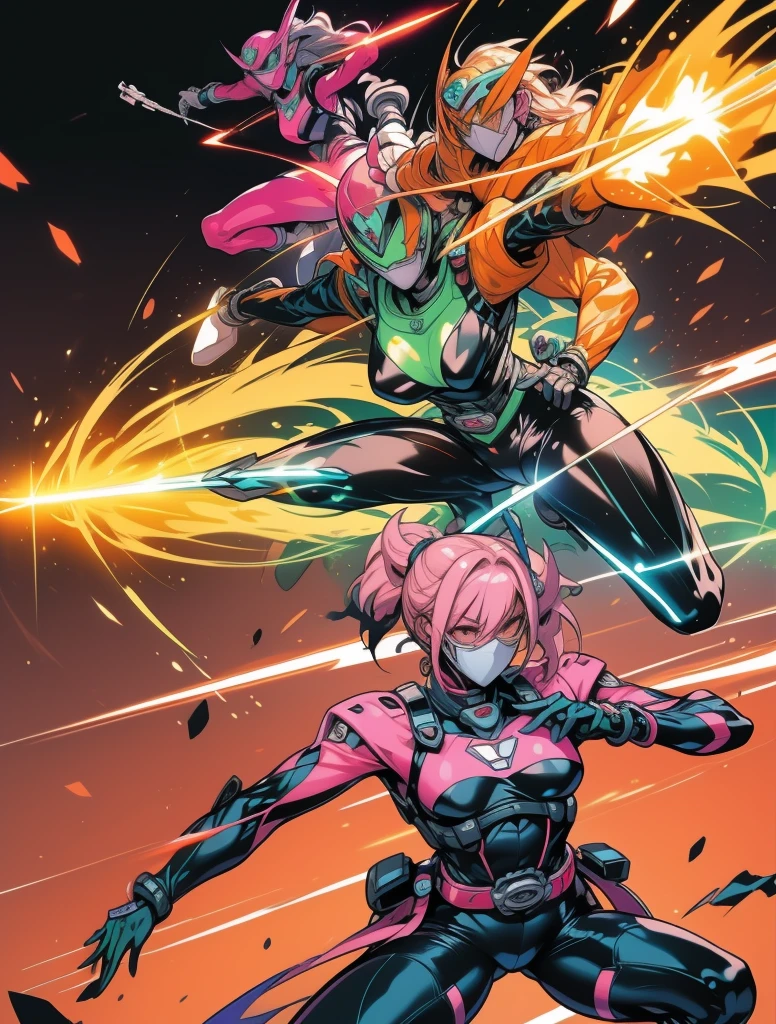 The armor pictured has a streamlined, streamlined design, predominantly in shades of pink and fuchsia. The structure of the suit appears to be designed for both mobility and protection.

### Design Details:
1. **color**:
   - **Principal**: A bright pink shade covers most of the suit.
   - **secondary**: A darker fuchsia is used to highlight specific areas and provide contrast.

2. **Costume Sections**:
   - **Chest and abdomen**: The chest area features an inverted arrow design in a darker fuchsia tone, which may have a decorative or structural function.
   - **shoulders and arms**: The shoulders and upper arms have dark plates that appear to provide additional protection.
   - **hands**: Gloves with separated fingers, in bright pink with dark details on the wrists.
   - **legs**: Leg armor has reinforced panels at the knees and thighs, with the same darker fuchsia tone.

3. **Additional details**:
   - **neck**: A turtleneck in dark fuchsia.
   - **elbows and knees**: Dark fuchsia reinforcements on the elbows and knees for greater protection.
   - **pies**: Boots designed for stability, in the same color scheme as the rest of the suit.

4. **Fit and Flexibility**:
   - The fitted design suggests that the suit allows a wide range of movement without sacrificing protection.
   - The absence of bulky or protruding elements implies a focus on agility.

### Functionality:
- **material**: Although the material is not specified, The appearance suggests that it is made of a light and strong composite.
- **protection**: Critical areas are reinforced, providing a balance between defense and mobility.
- **aesthetics**: The use of bright, contrasting colors is not only eye-catching but can serve to intimidate opponents..


