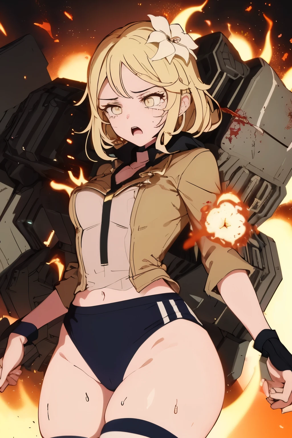 cockpit_explosion, fire, electricity, screaming, explosion, science fiction, wide-eyed, tearing clothes, standing, blood, scared, sweat, crying, mecha, torn clothes, tears, cockpit,1girl、wearing black gymnastics bloomers,high leg,white blouse,cowboy shot,self wedgie,bloomers pull myself
