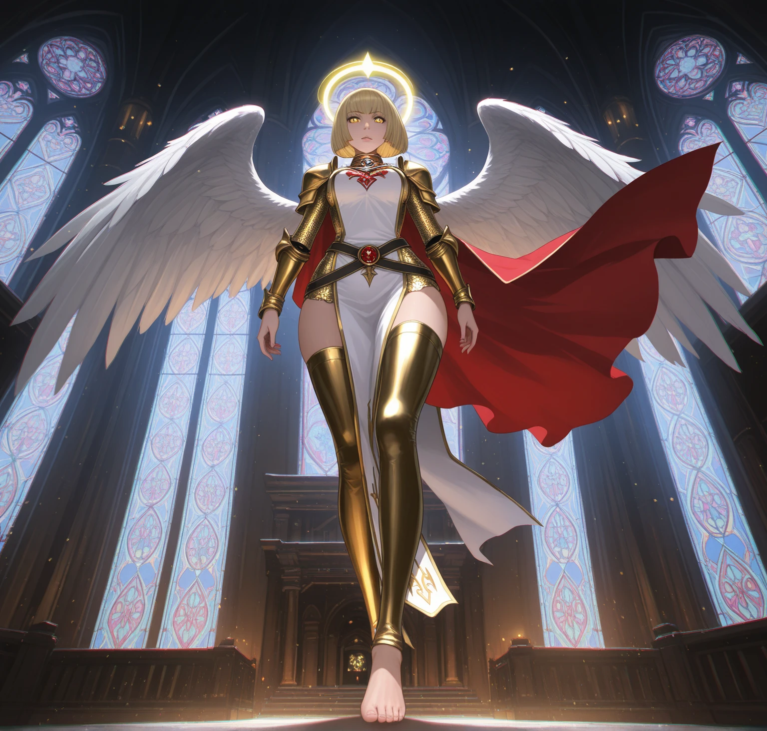low angle, from below, paladin templar lady in white tabard, legwear, glowing yellow eyes, collar, golden chainmail, wide hips, barefoot, angel wings, pauldrons, halo, bob cut, blonde, eye focus, red cape, temple indoors, decorations, stained glass windows, night, particles, chromatic aberration, detailed, cinematic, dark scene, fantasy