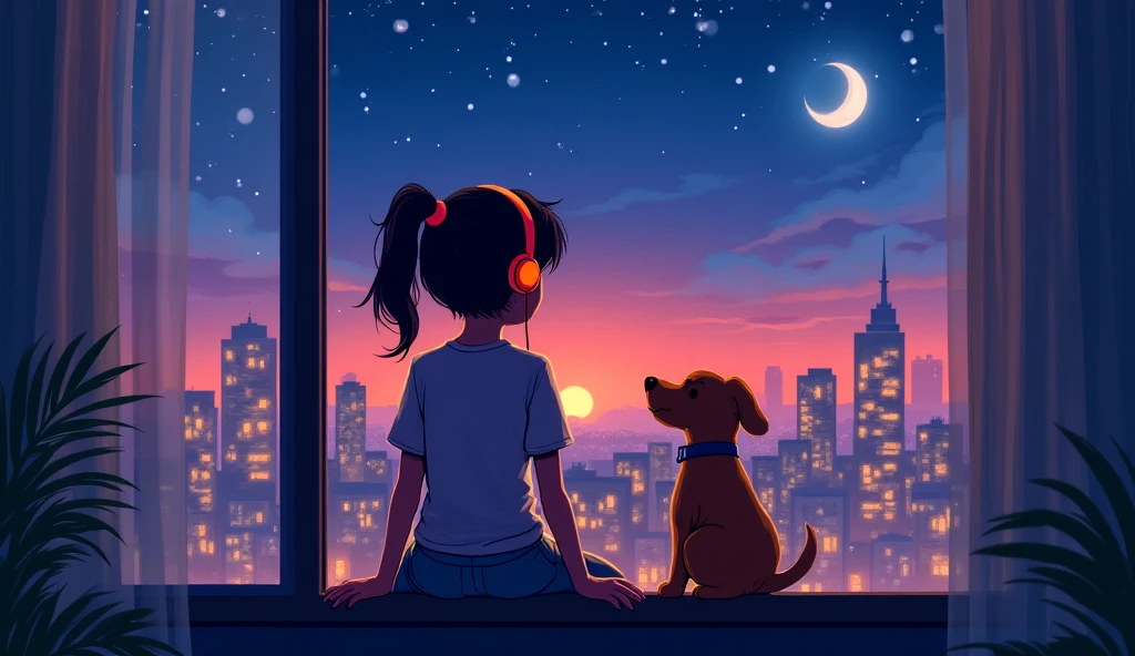 Girl sitting on balcony , Feel the view outside、look  , Focus on the night city  ,2D Game Art Styles ,Chinstill 50, Put headphones on your ears , Sing a song  , at night, Colorful animation skills, A dog is sitting next to a girl