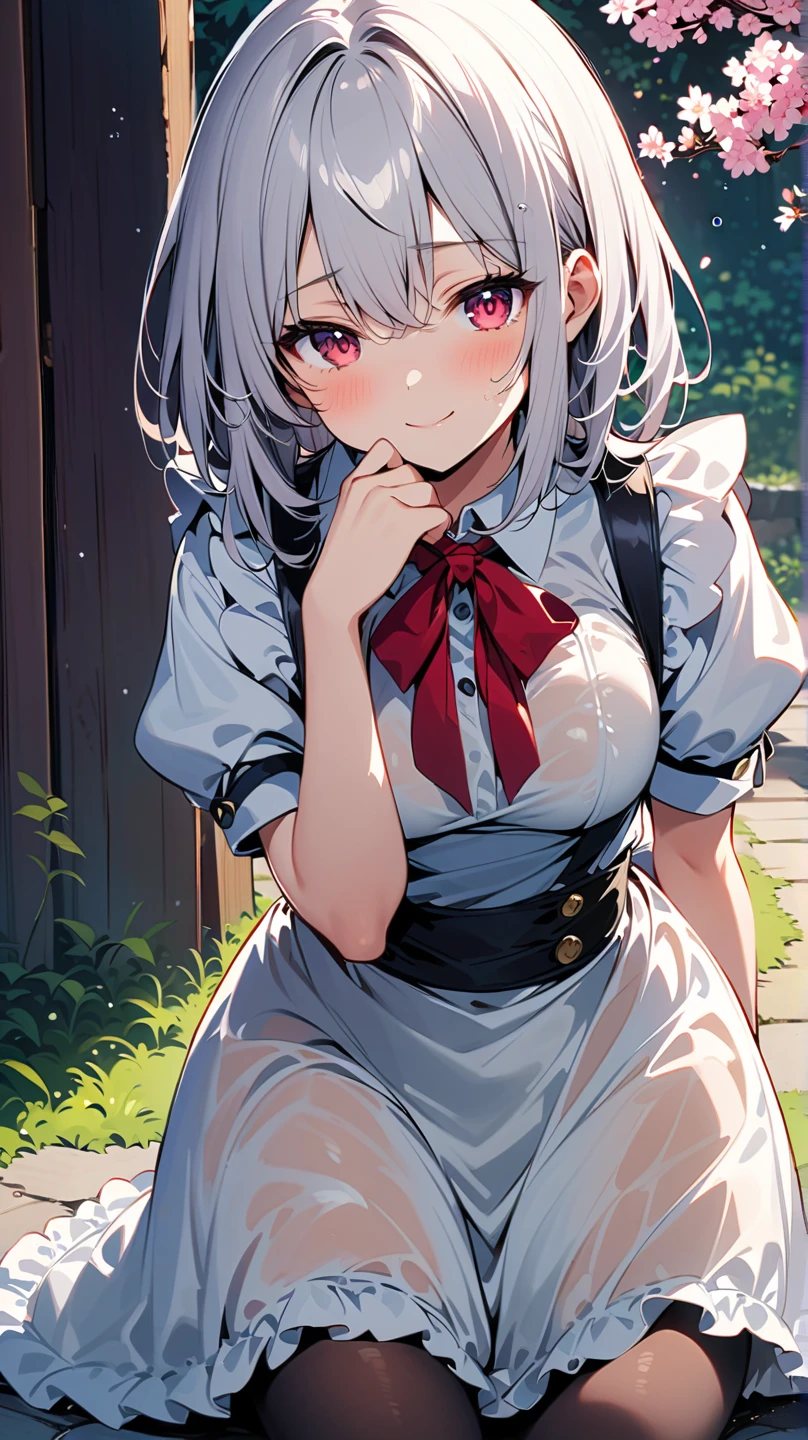 Best Quality, hight resolution, absurderes, Ultra-detailed, Suzuya_(kancolle), 1girl in, long_hair, Skirt, Solo, Shirt, Rain, Wet_Clothes, hair_ornament detached, Wet, Underwear, pleats_Skirt, See-through, bowtie, Red_Bow、bbw、thick thight、big butts、Ultramammy