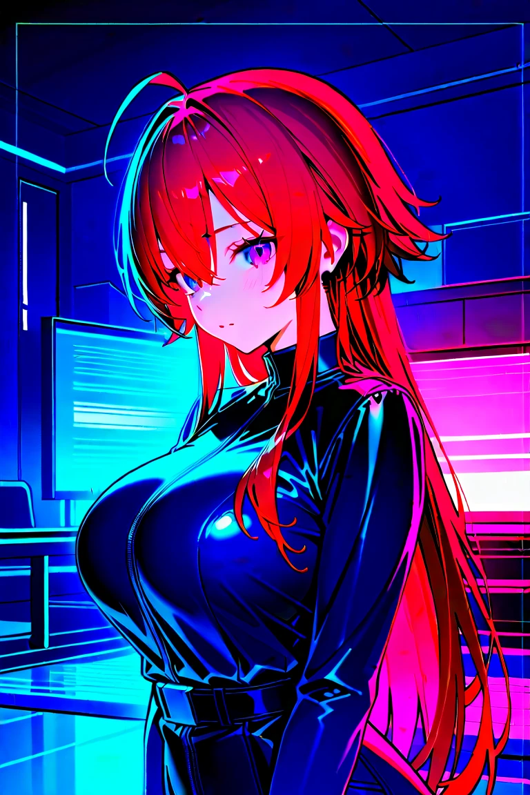 masterpiece , A woman , very long red hair , blue eyes ,  gradient , Perfect shape , ( technological clothing:1.2) , cyberpunk , future , modern , in cyberpunk city, light smile , detailed face ,, , (8k,  Best quality 1.2),  ultra detailed, 8k uhd,, Soft lighting, high quality, film grain,   beautiful lighting,, (cinematographic:1.4) ,perfect body , better lighting, best shadow,  sharpness, contrast,