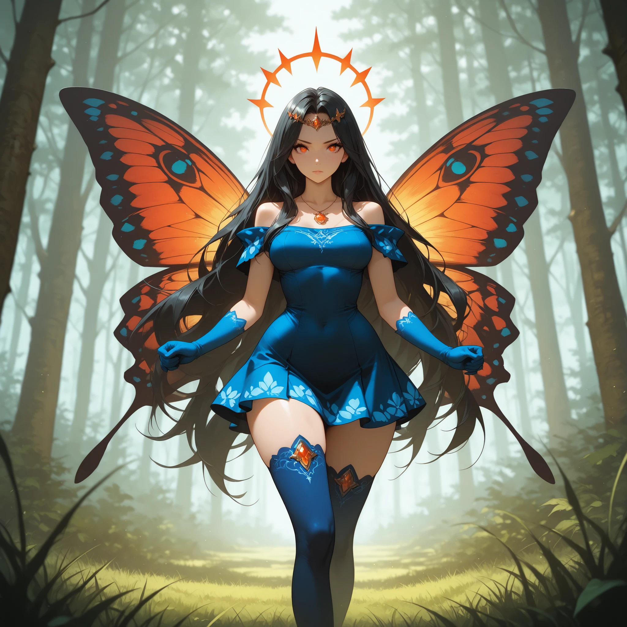 anime style, Masterpiece, best quality, Woman, pretty face, red-orange eyes, very long hair, black hair, parted hair, hair antennas, blue short dress, bare shoulder, medium breasts, wide hips, , curvy body,,, , diadem, necklace, forest background, grass,, long blue gloves, large butterfly wings, EyesHd, perfect eyes, High Definition Eyes, blue stockings, ExpresHGothicNeonIncase, action pose, dynamic pose