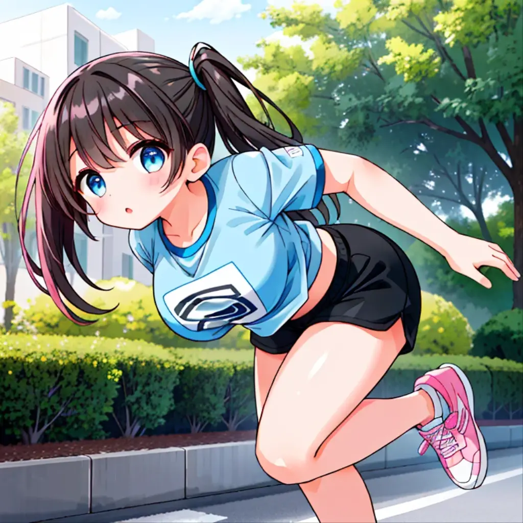 A Beautiful Cute Girl, Jogging in the City Park. She has (Lush, Long Dark-Brown Hair), (Pink or Blue Eyes), (Extremely Enormous Breasts), ((Very Wide Hips)), and a very Athletic and Muscular but still very Curvy Figure. She is wearing a ((Grey Gym-shirt, with Black accents)), ((Black Gym-shorts, with Pink Accents)), and (Pink Running shoes). ((Best Quality)), ((Best Detail)), (((1girl))), ((Perfect Anatomy)), ((Accurately Textured)),