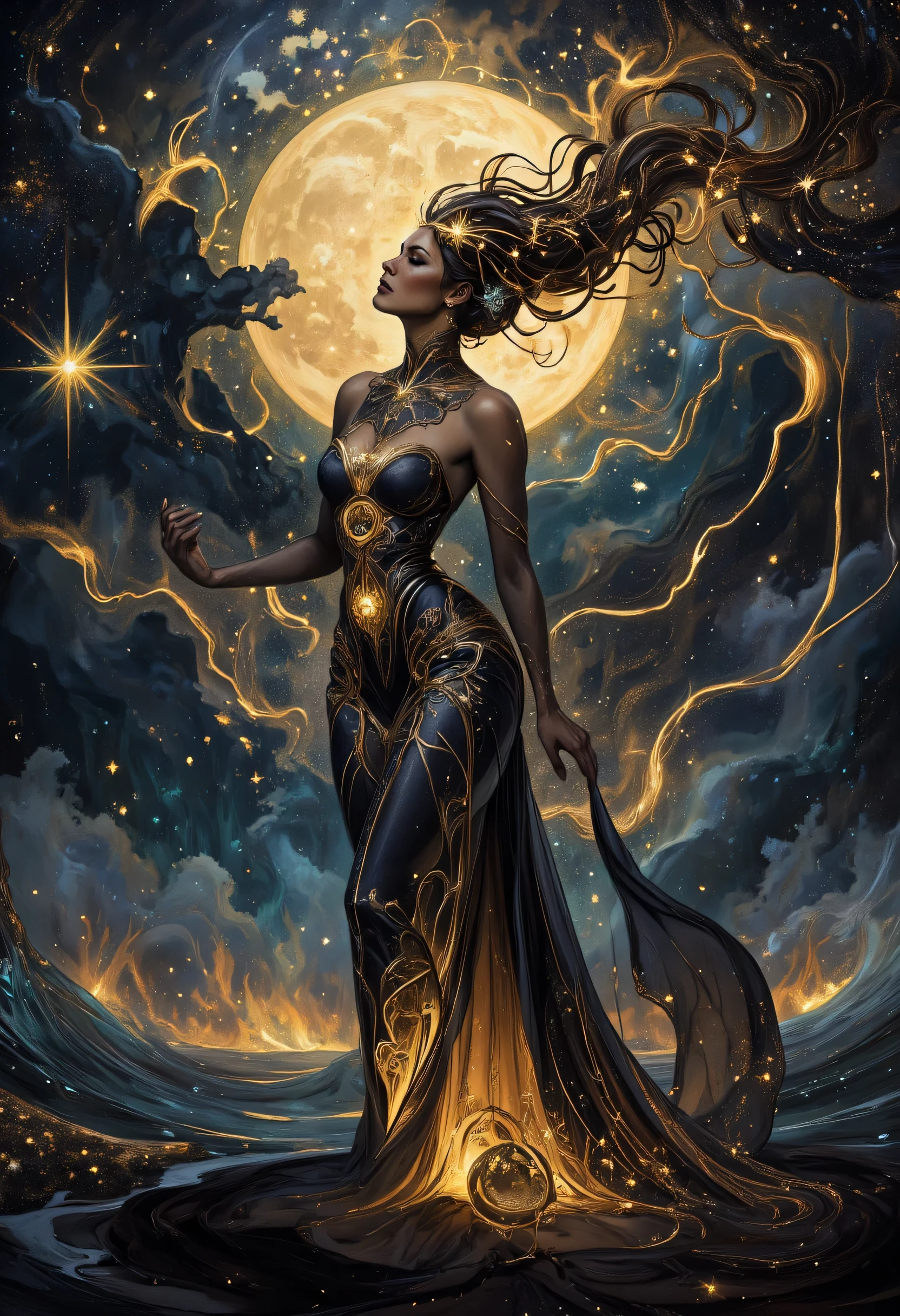 a picture of an epic beautiful woman, divine beauty, wearing transluminescent dress, black silk dress, intricate dress, transluminescent dress, transparent dress, red sleeves, epic beautiful woman, perfect body, divine beauty, serene beauty, lush hair, long hair, stars entwined in the woman's hair, light caress the woman, moon light caress the dress, fantasy art, night time, the moon rises, creating award winning, photorealism, depth of field, hyper realistic, zavy-ctcmcs, Celestial Fantasy, ArsMJStyle, Art Deco