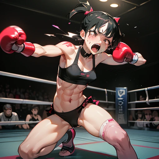 Sweaty and bruised, she is in a mixed martial arts ring against a female fighter. Her body is slammed to the cage. She is bent over with one eye closed. She is gasping for breath and drooling with her mouth open. She is a cute Japanese high school girl with short-cut black hair. She is wearing a sports bra, high-leg shorts, and open-finger gloves. Small breasts, poor belly, slender body, poor body.