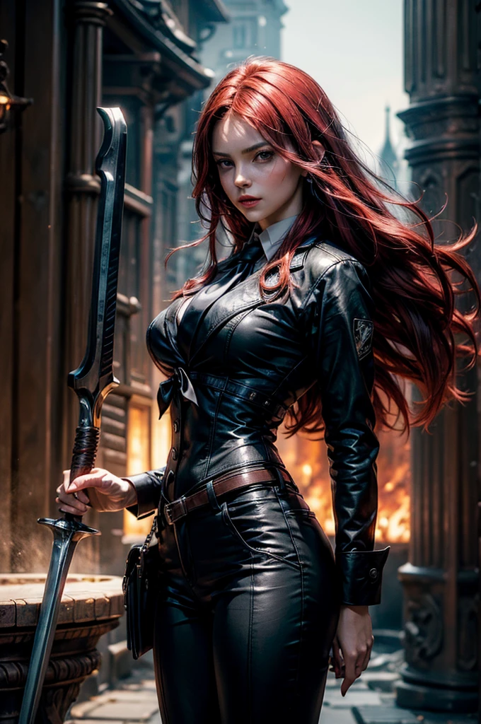 (wlop style, 1 girl, black gloves, black jacket, cool mechanical style, giant wrist gloves, holding a gun, jewelry/ear decoration) (slim body, long red hair, alone), high contrast, Ultra HD, 8k, real skin, realistic, masterpiece, white background --v 6