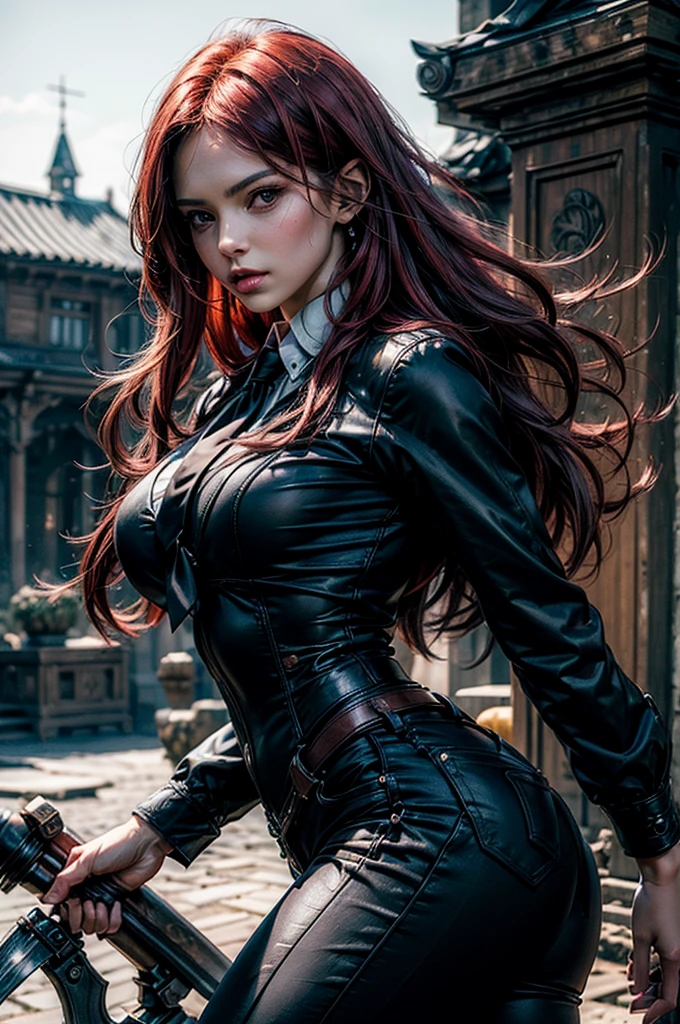 a beautiful young woman with long red hair, detailed facial features, wearing high quality black leather pants, a formal white sleeveless top with cleavage, a white fur coat on her shoulders, red shaded sunglasses, surrounded by excited fangirls, (best quality,4k,8k,highres,masterpiece:1.2),ultra-detailed,(realistic,photorealistic,photo-realistic:1.37),high fashion,editorial,dramatic lighting,cinematic,vivid colors,intricate details