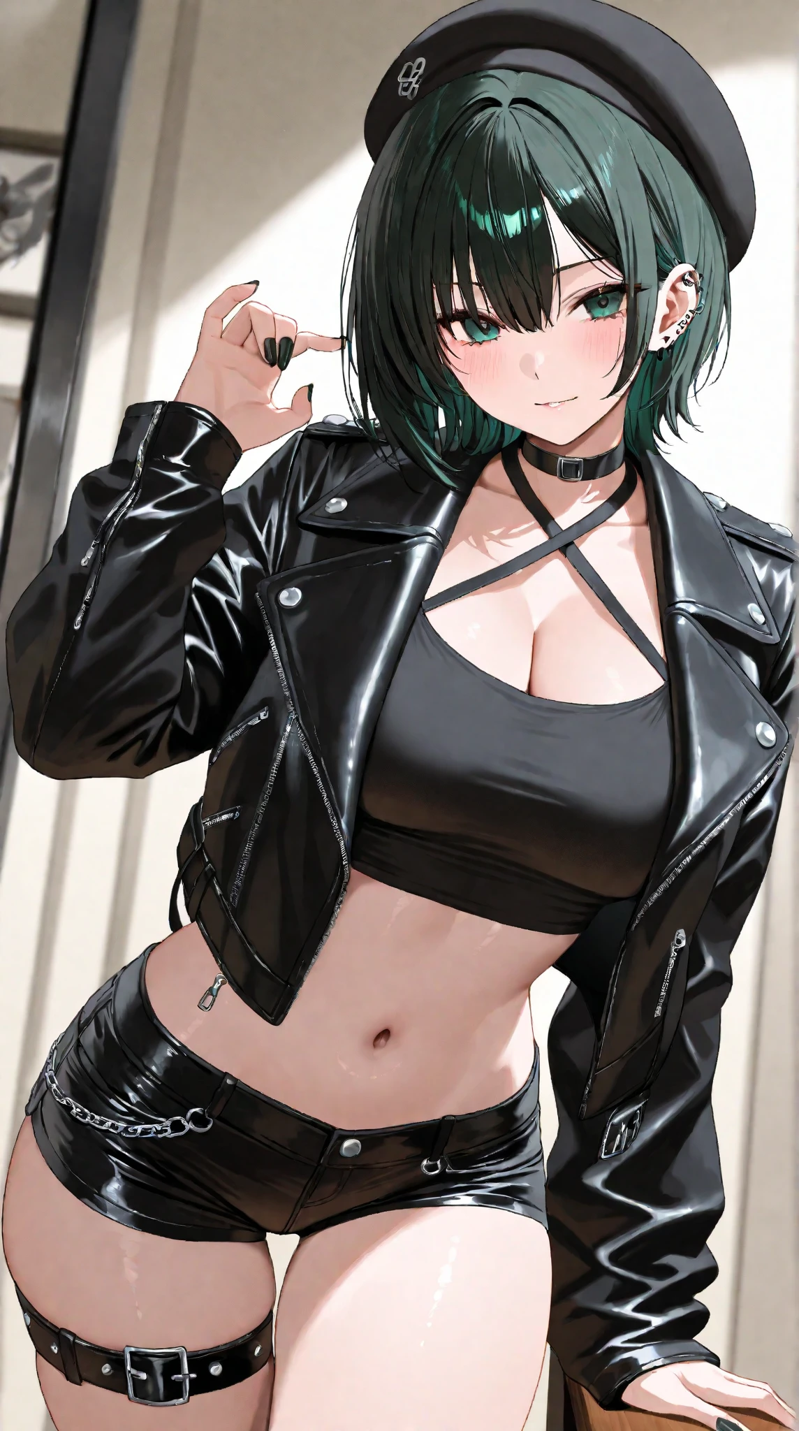 young girl, short black hair, violet eyes, smirk, full body, Black leather jacket with spikes, open belly, breeches, Chains on clothes, high quality, 4k, HD, Good detail