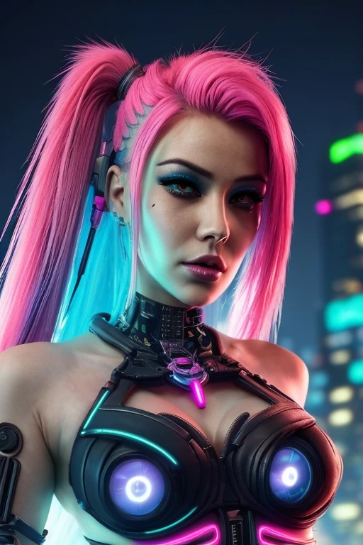1girl, 3d,cyberpunk , blue eyes, posing model, hands up white background, breasts, chromatic aberration, (tattoo on the body), (llittle lighting), (darkness), soft moonlight, pink and green bright backhighlights on the sides, cleavage, depth of field, large breasts, lips, looking at viewer, makeup, photo (medium), photorealistic, solo, cyberpunk, neon, cyberpunk costume, wide smile, teeth, open mouth, tight clothing, full body, city background, (darkness)