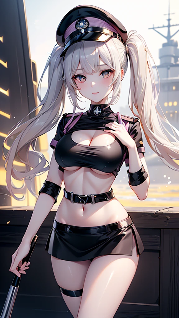 Silver hair, pink eyes, body, cat ears, sexy girl, earrings, heart background fantasy, uniform