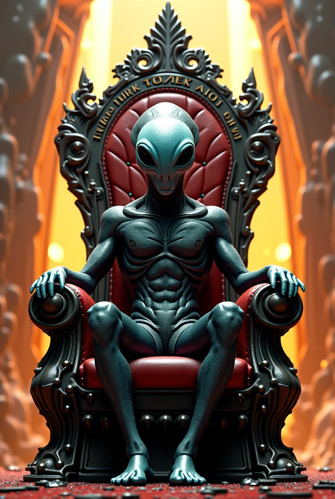 a giant transparent alien creature on a throne of power, detailed anatomy with glowing inner structures, powerful and imposing presence, dramatic lighting and shadows, ultra-detailed, cinematic composition, muted color palette, digital art