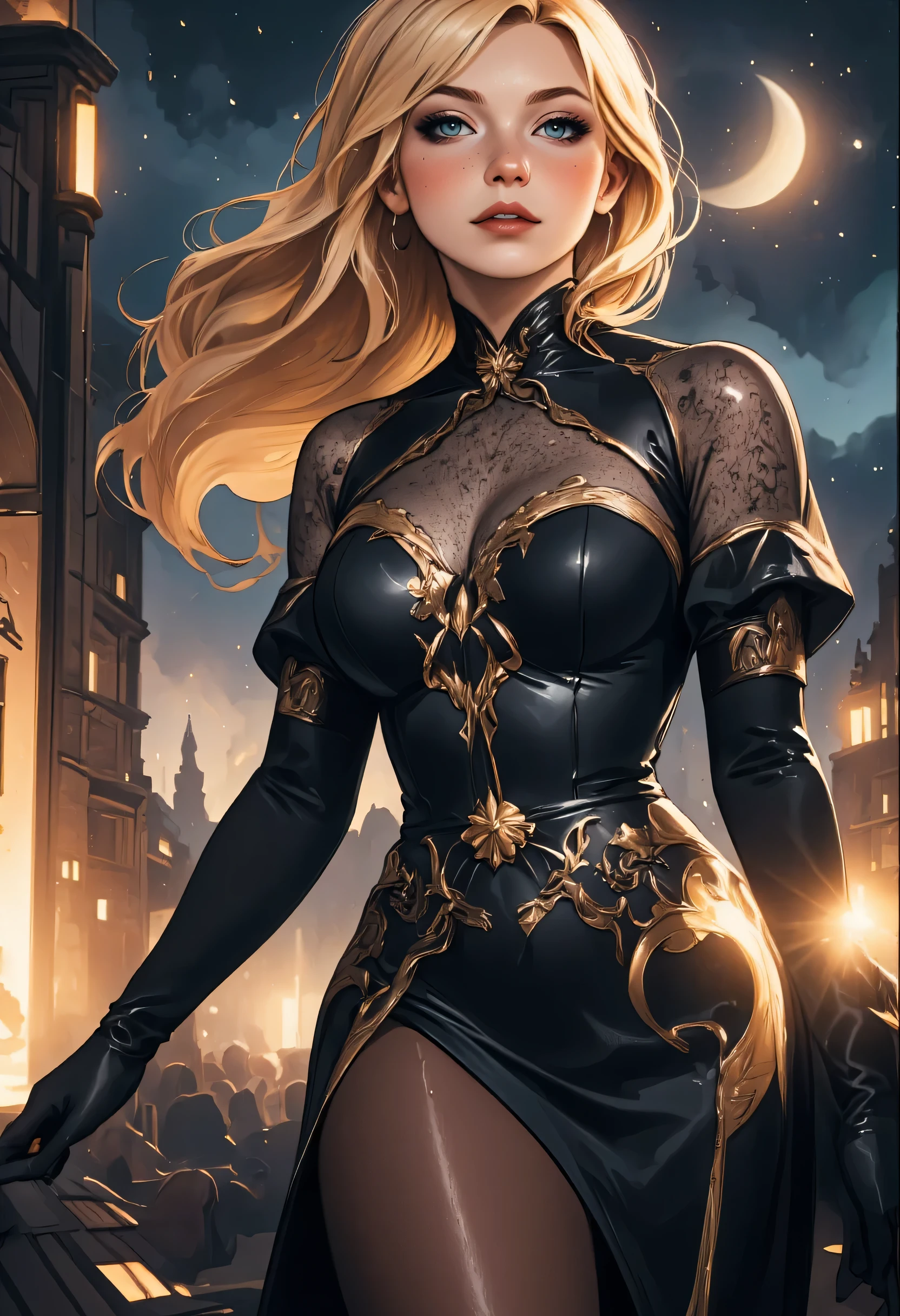 a picture of an epic beautiful woman, divine beauty, wearing transluminescent dress, black silk dress, intricate dress, transluminescent dress, transparent dress, red sleeves, epic beautiful woman, divine beauty, serene beauty, lush hair, long hair, stars entwined in the woman's hair, light caress the woman, moon light caress the dress, fantasy art, night time, the moon rises, creating award winning, photorealism, depth of field, hyper realistic, zavy-ctcmcs, Celestial Fantasy, ArsMJStyle, Art Deco