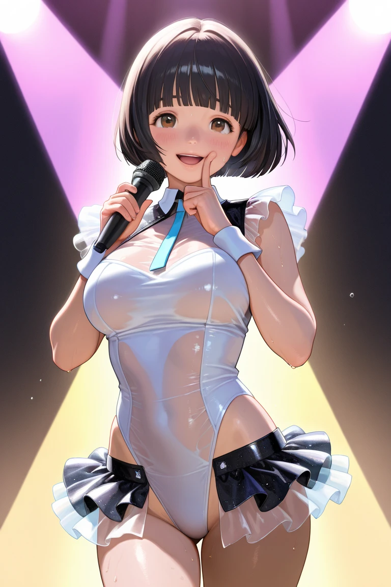 masutepiece、Best Quality、hight resolution、tre anatomically correct、((stage))、microphone、((live))、dance、white dres、Black ribbon at chest、a miniskirt、(Vibrant colors:1.2)、(masterpiece:2.0)、onepiece、Uta、blanche、left red hair、right gray hair、Not wearing pants、divine spirit、Flushed cheeks、a smile、Beautiful girl in every detail、Body shining with sweat、Wet、Seductive thighs、sexy pose、Hair above one eye、(frombelow:1.5)、Pussy、Female genitals、vaginal、Intravaginal、Expansion、You can see inside the skirt、((Female genital exposure))、Lit up、(pointy tits:1.6)